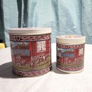 Vtg Enesco Metal Cannister Tins (2)  Farmhouse Barn